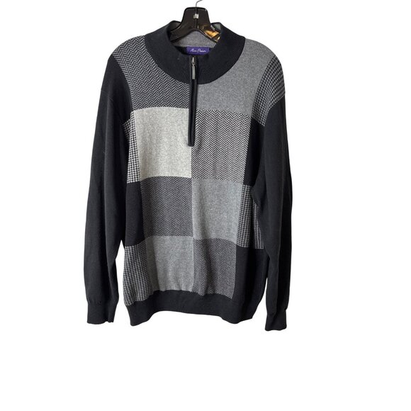 Alan Flusser Men's Cotton Black/Gray Large Check Sweater 1/4" Zip Size XL - Picture 1 of 9